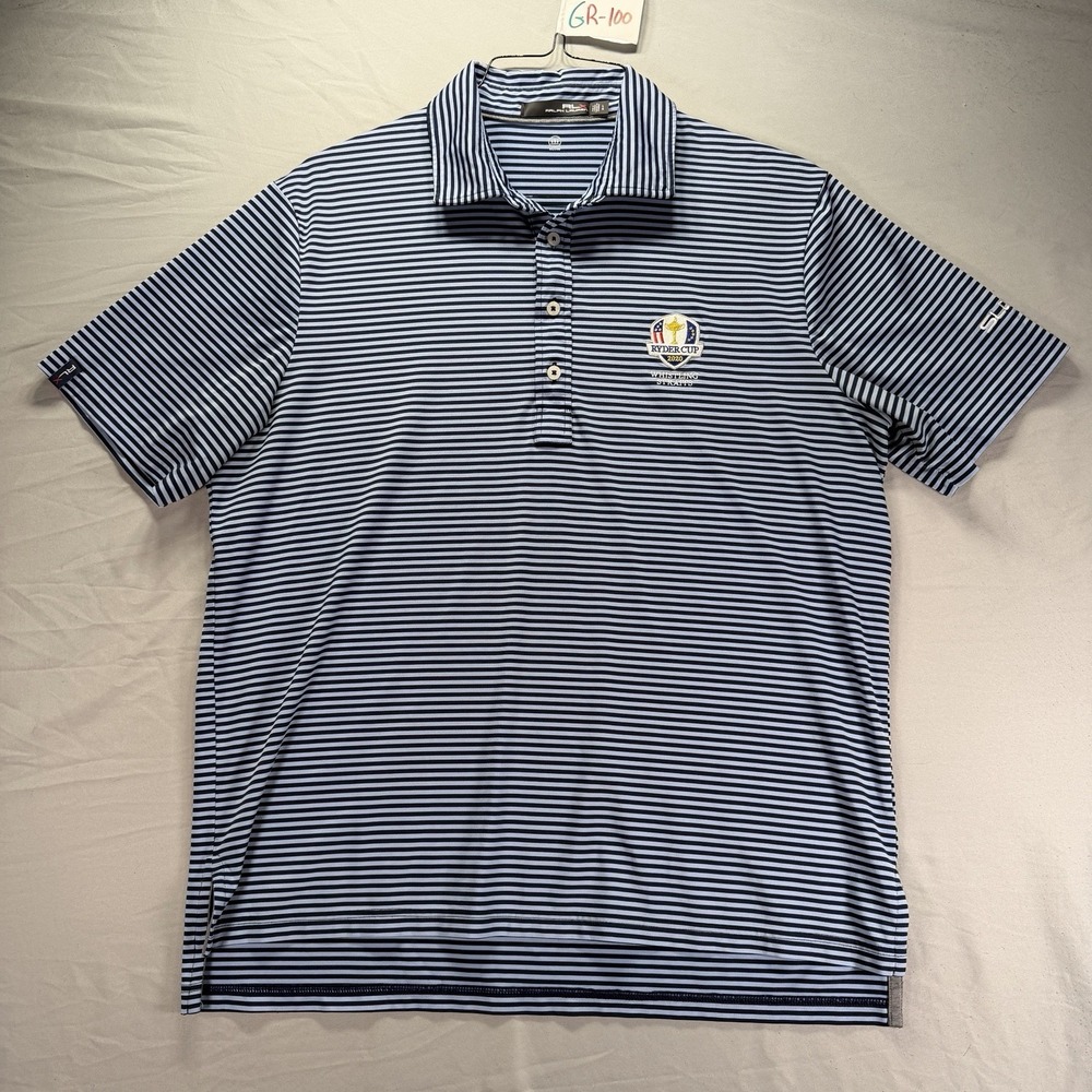 RLX Ralph Lauren Polo Shirt Mens Large 2020 Ryder Cup Logo Striped USA Golf Blue